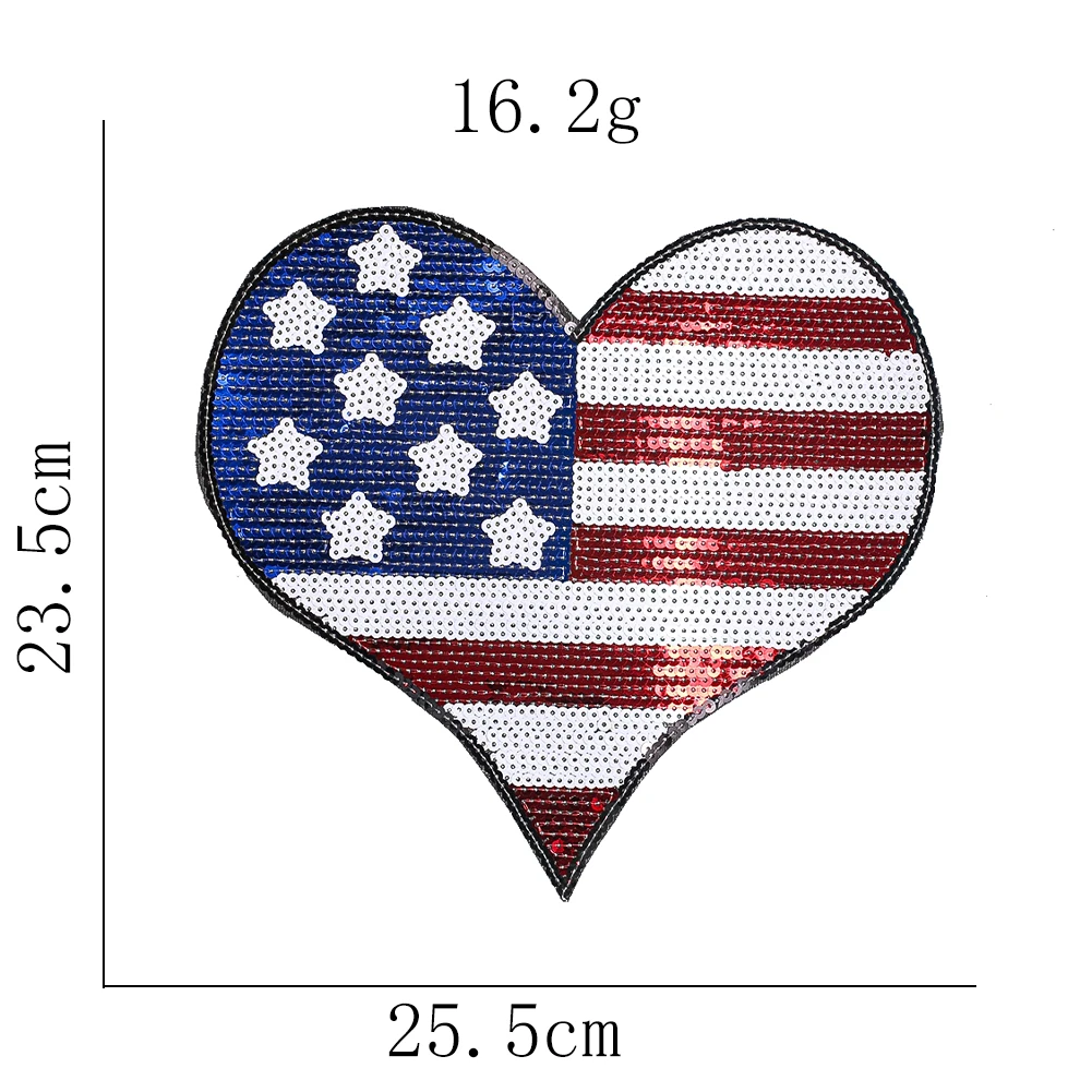 Herzförmiger USA-Flaggen-Pailletten-Aufnäher zum Aufbügeln, Glitzer-Sterne-Streifen-Applikation, Unabhängigkeitstag, T-Shirt, Jeans, Tasche, dekorativer Aufnäher – Detail 6