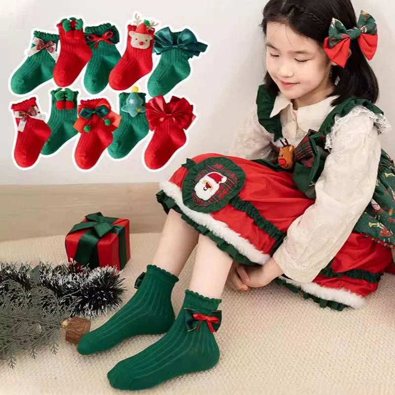 Toddler Girls Christmas Socks Cute 3D Antler Bow Tree Crew Socks Soft Breathable Cotton Socks