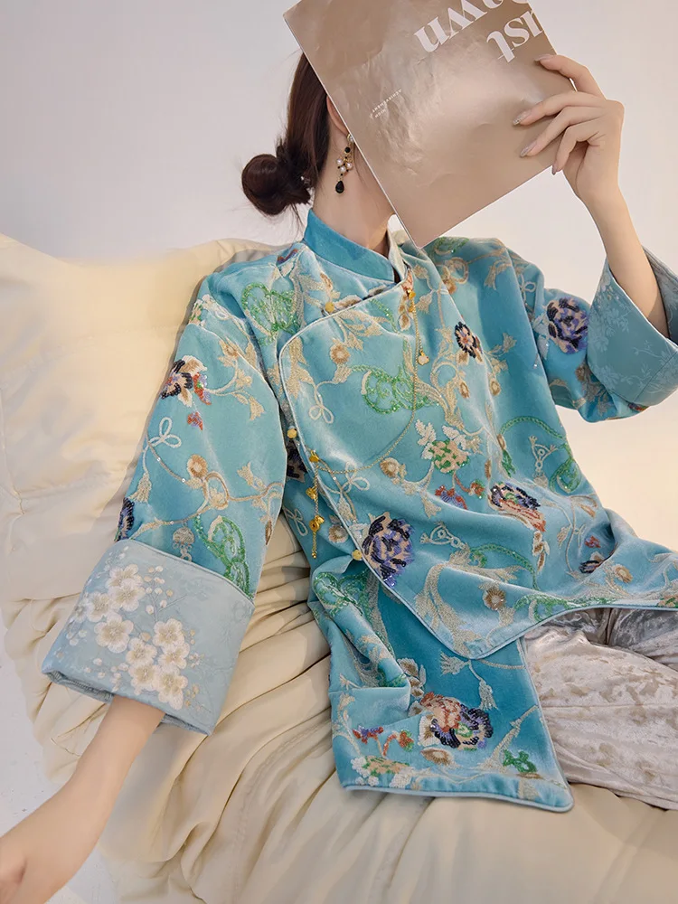 Women Luxury Sequined Embroider Flower Jacket 2026 Spring Autumn New Tang Suit Blouse Ladies Vintage Chinese Style Hanfu Coat