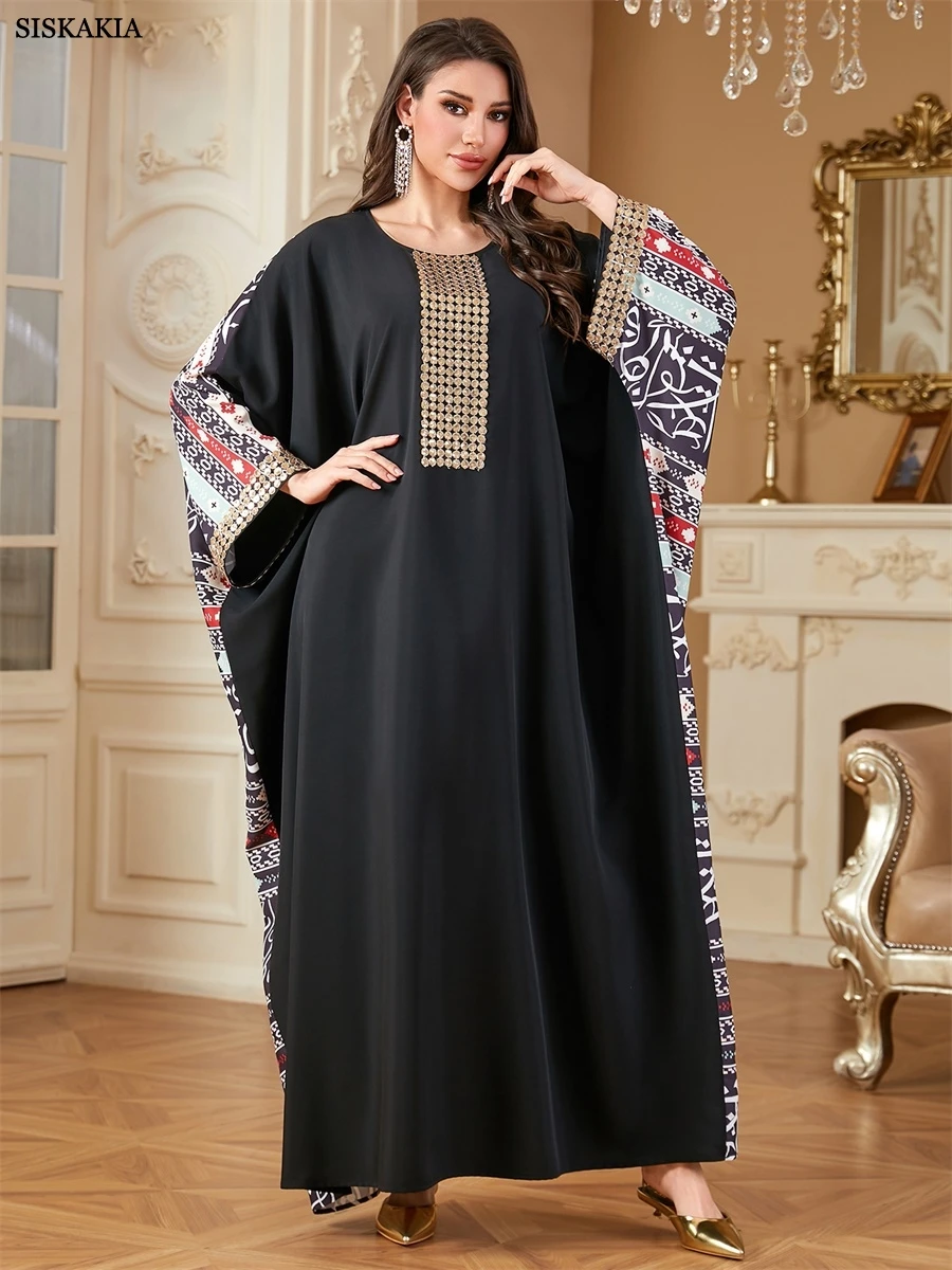 

Siskakia Dubai Batwing Sleeve Maxi Dresses Morocco Printing Abayas O-Neck Kaftan Stylish Long Arab Dress Woman