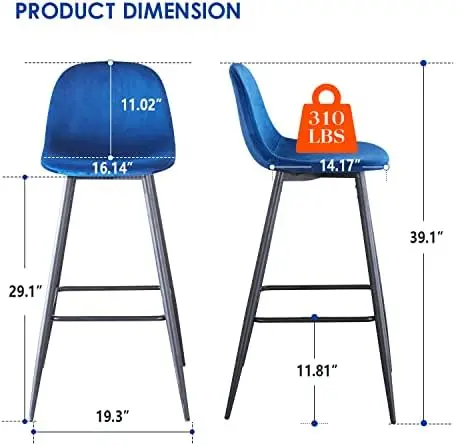 Funiture 높이 의자 세트, 벨벳 바스툴, 모던 카운터 높이 의자, 등받이, 튼튼한 금속 다리 및 발, 2 인치, 30 인치