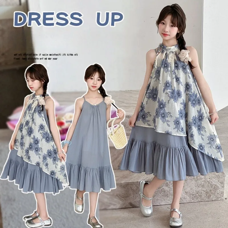 Girls Summer Beach Dress Children Red Floral Layered Maxi Sundress Big Kids Irregular Hem Party Wear Clothes 2025 New