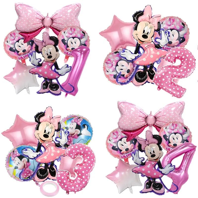 Ballons en aluminium Minnie Mouse, 6 pièces, décorations de fête d'anniversaire pour enfants filles, réception-cadeau pour bébé rose 1 2 3 4 5 6 7 8 9, ensemble de ballons, fournitures