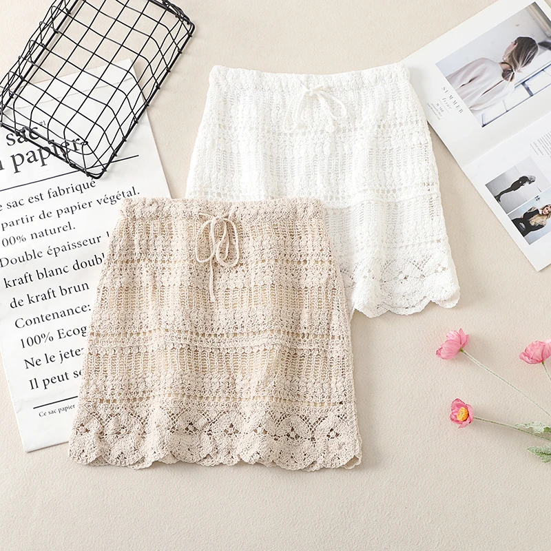 Beach Vaion Knitted Lace f Skirt Women's High Waist Versatile Hook Flower Hollow out Wrap around A-Line ort Skirt