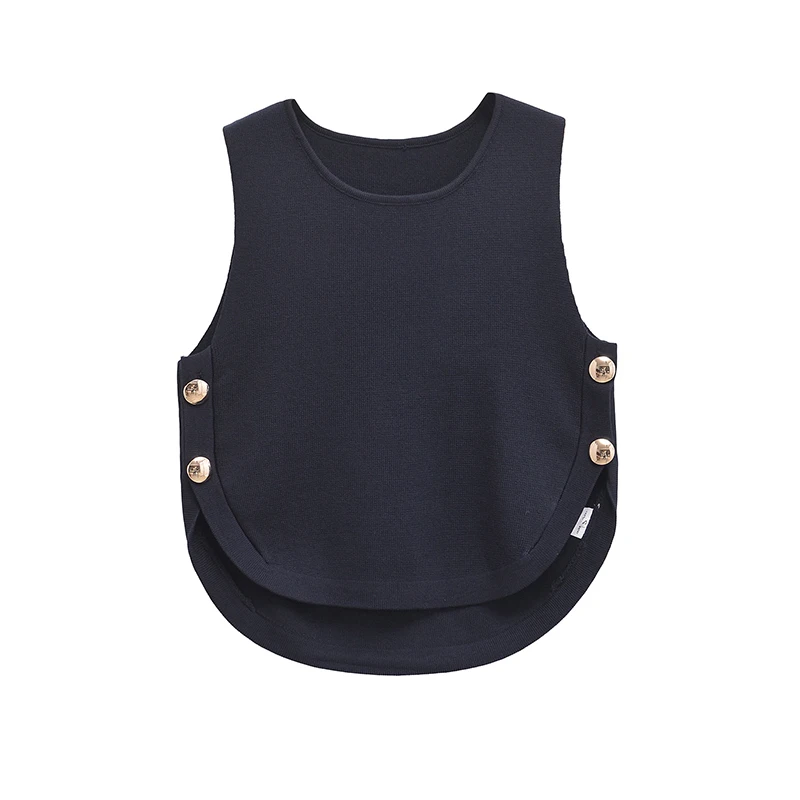 Women O Neck Sleeveless Side Button Casual Knit Tank Top Summer Crop Top