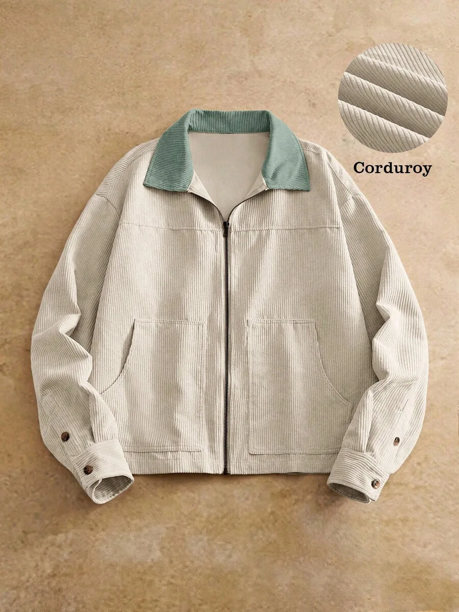 Men's American Barn Style Jacket Autumn Vintage Workwear Lapel Contrast Corduroy Collar Zipper Casual Loose Outerwear Coat