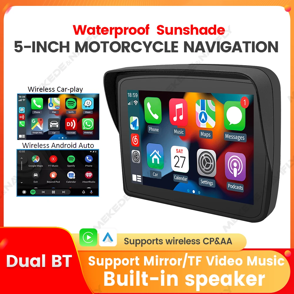 5 polegada portátil motocicleta navegação gps sem fio carplay auto ipx7 à prova dwaterproof água função pára-sol display lcd alto-falante embutido bt