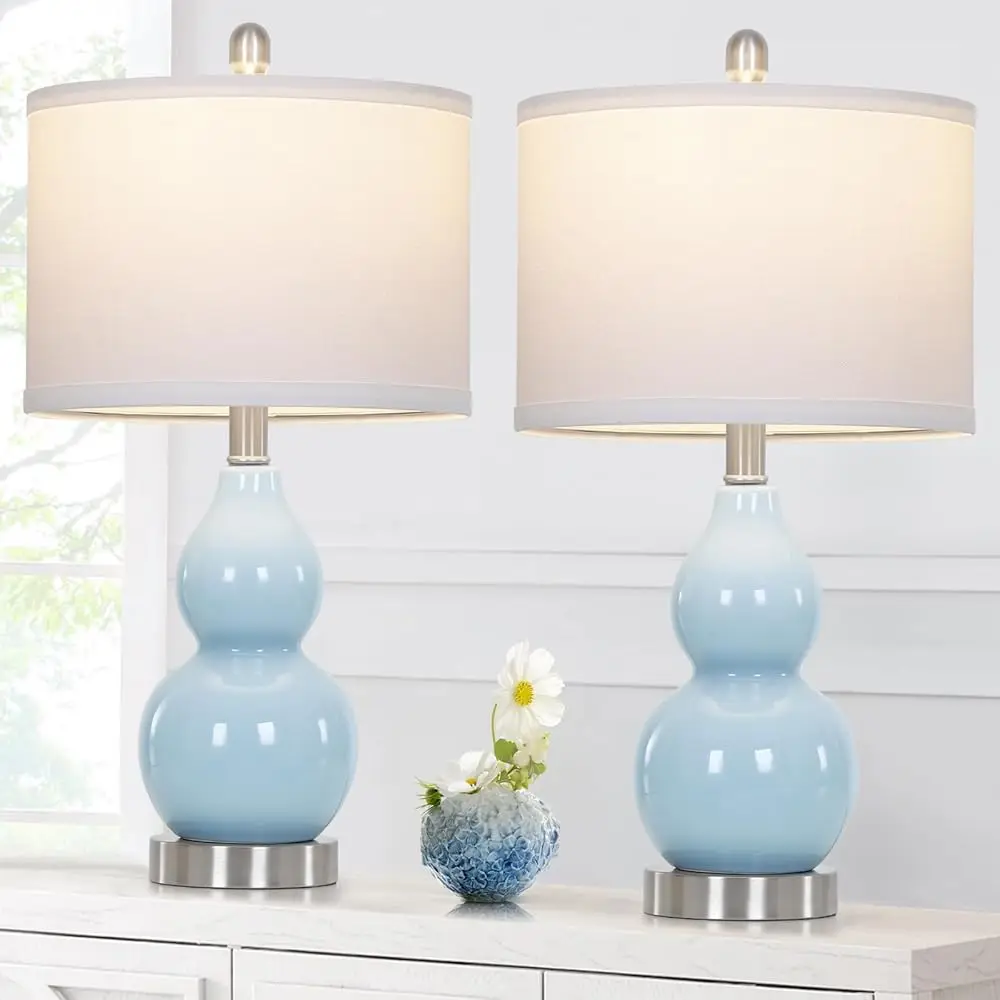 

Double Gourd Ceramic Table Lamps Set Of 2, Modern Blue Bedside Lamps For Night Stand, Contemporary Nightstand Lamps For Bedroom