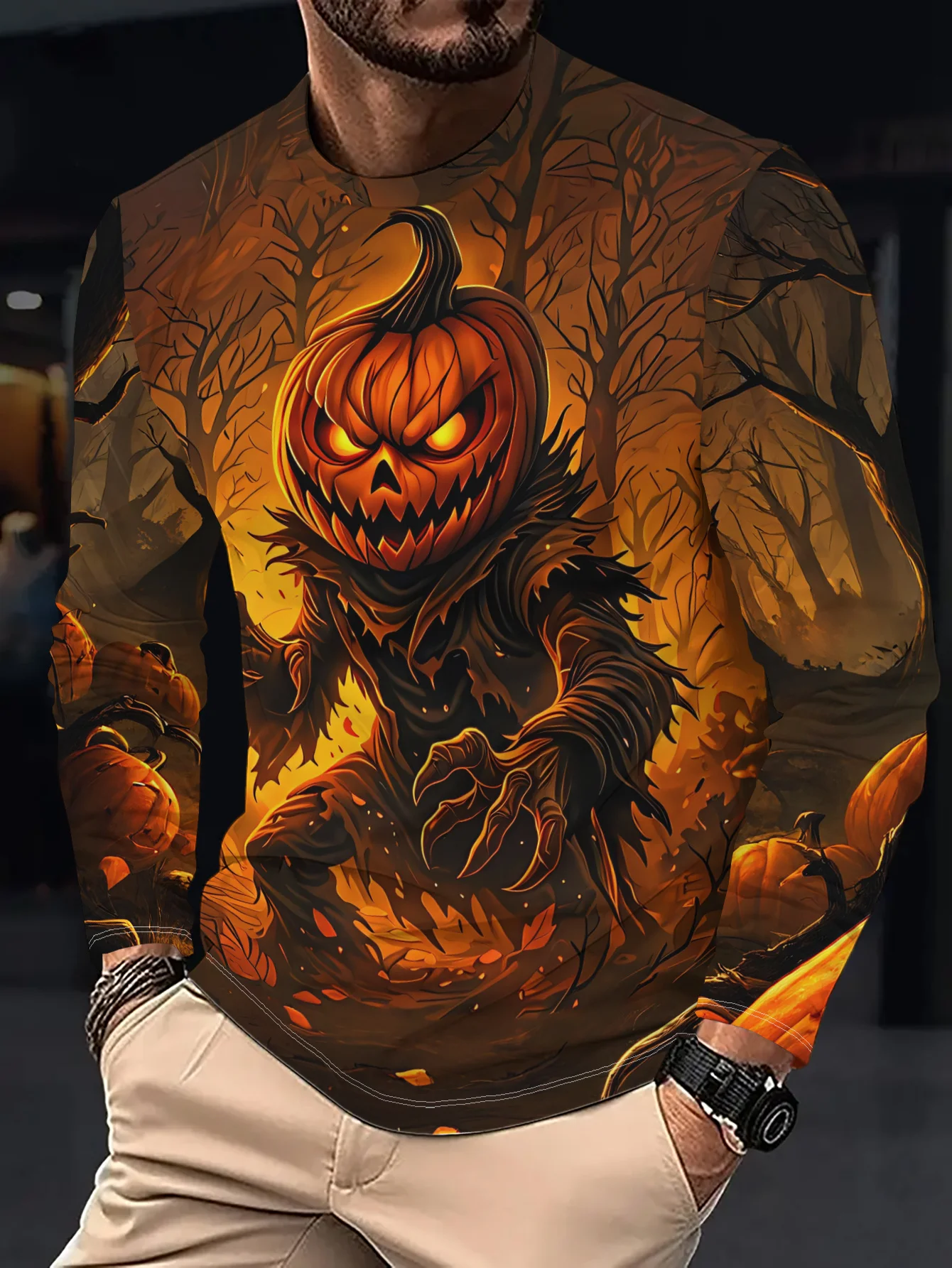Men's Long Sleeve T-Shirt Halloween Scary Pumpkin Monster Forest 3D Print Crew Neck Casual Street Tops