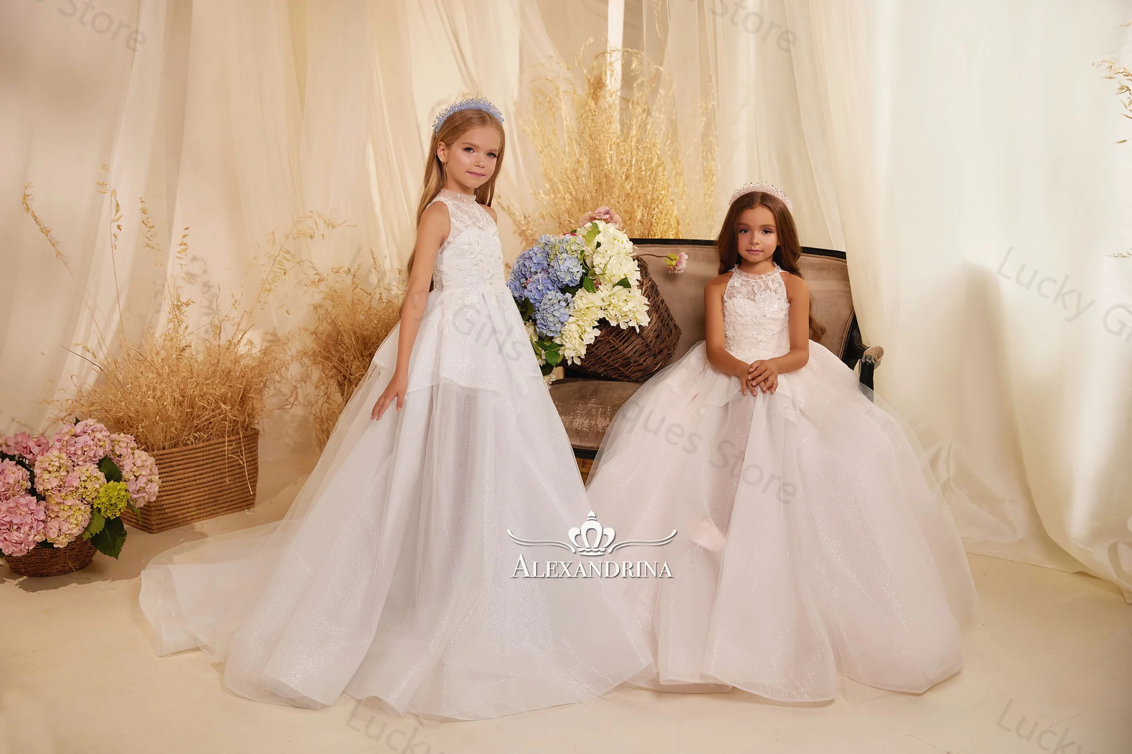 Shiny White Flower Girl Dresse High Neck Sleeveless Children Birthday Gowns Tiered Appliqued Kids First Communion Dresses