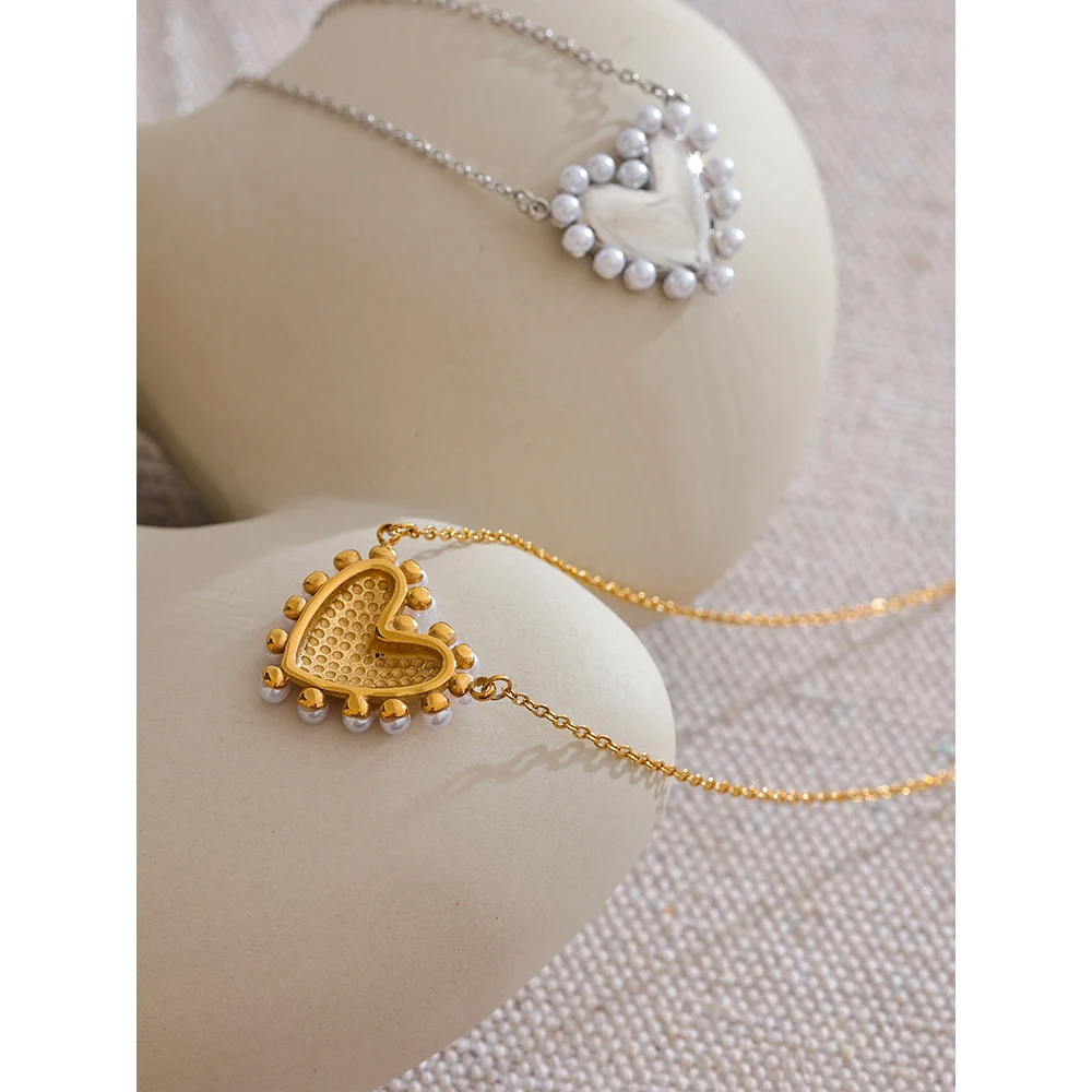 Yhpup Elegant Imitation Pearls Heart Love Popular Necklace Pendant Stainless Steel Romantic Collar Neck Jewelry Waterproof