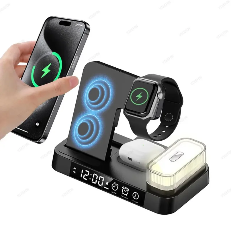 Removable LED 6 in 1 Wireless Charger Dock Alarm Clock for iPhone 17~12 Pro Max Apple Watch 11 10 9 8 7 6 5 4 3 2 Fast Charging