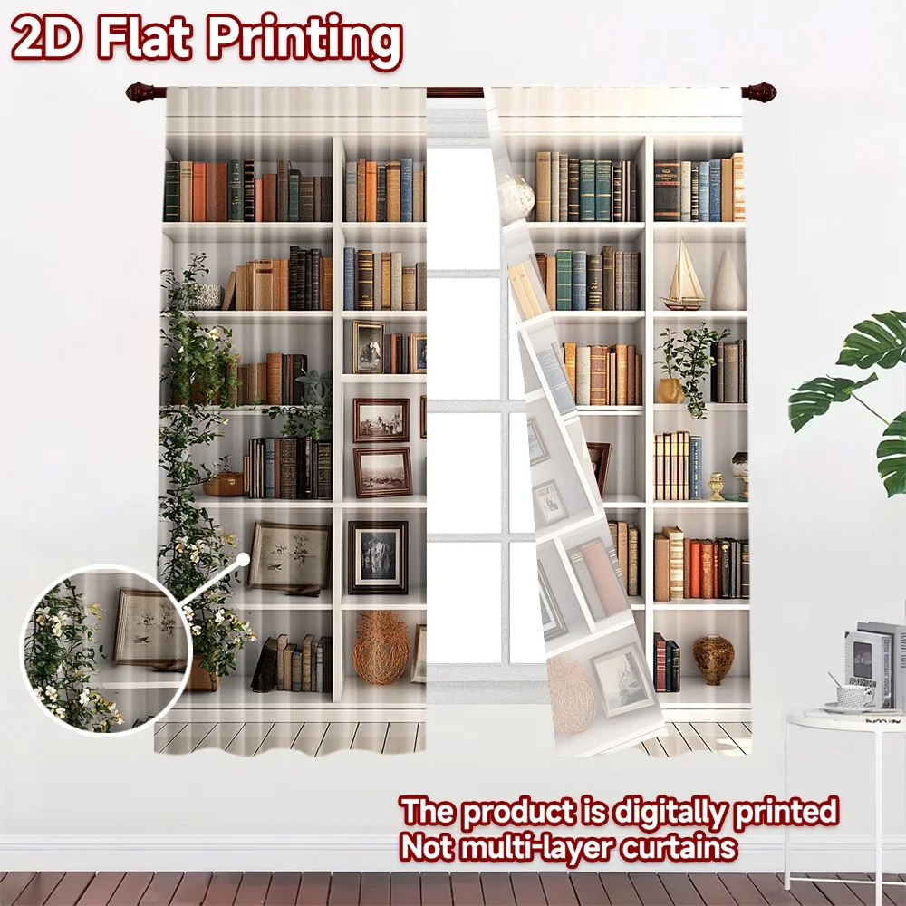 2D flat 2pcs Curtain Home Short Curtains Vintage Bookshelf Durable polyester fiber Family Party Decoration for All Season