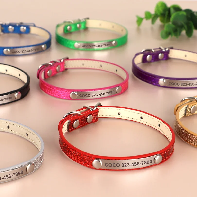 Personalized cat collar flash drill PU leather cat collar pet puppy puppy cat identity nameplate adjustable for cats small dogs