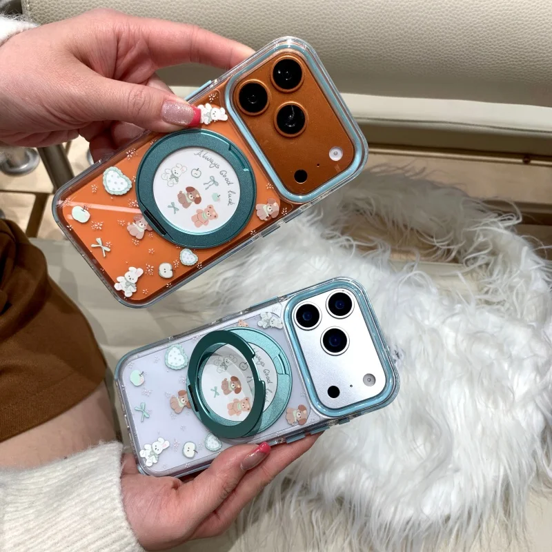 

Clear Cute Cartoon Bear Rabbit Magnetic Ring Stand Phone Case For iPhone 17 Pro 16 15 14 Pro Max Cover Shockproof Cases For 16 P