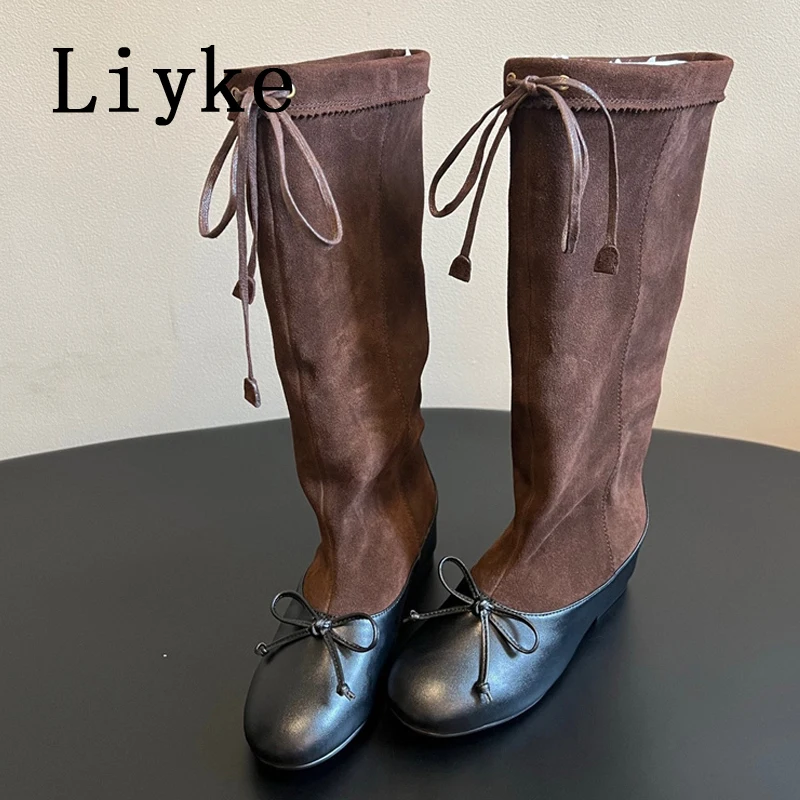 Liyke New Fashion Lace Up Knee High Boots Women Design Butterfly Knot Round Toe Flat Heels Autumn Winter Shoes Brown Botas Mujer