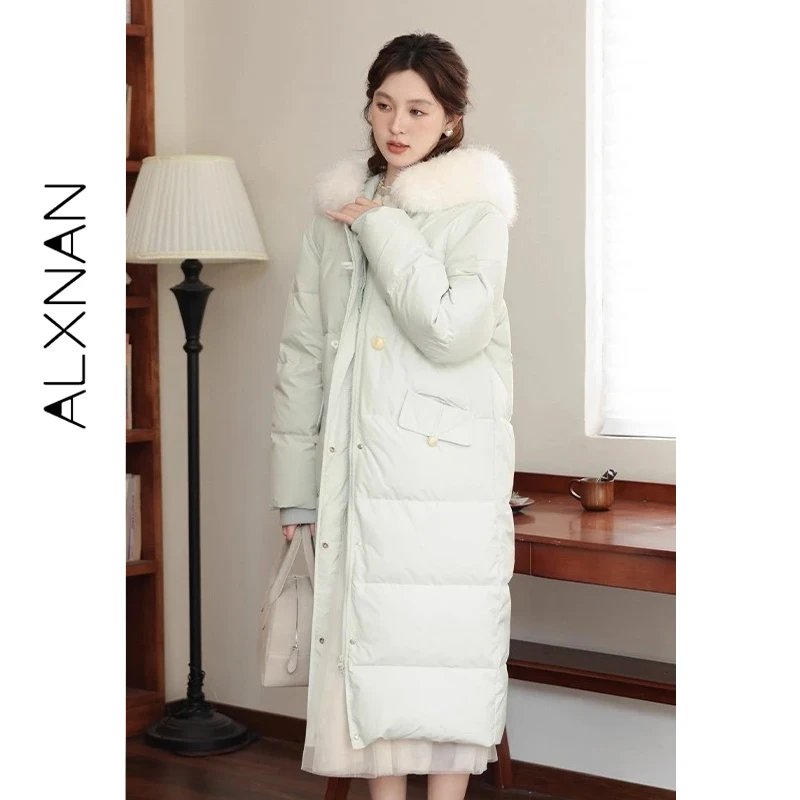 ALXNAN Light Green Down Jacket Women 2026 Winter Thickened Warm Hooded Chic Buttons Loose-fit Coats Long Jackets Female LXN32786