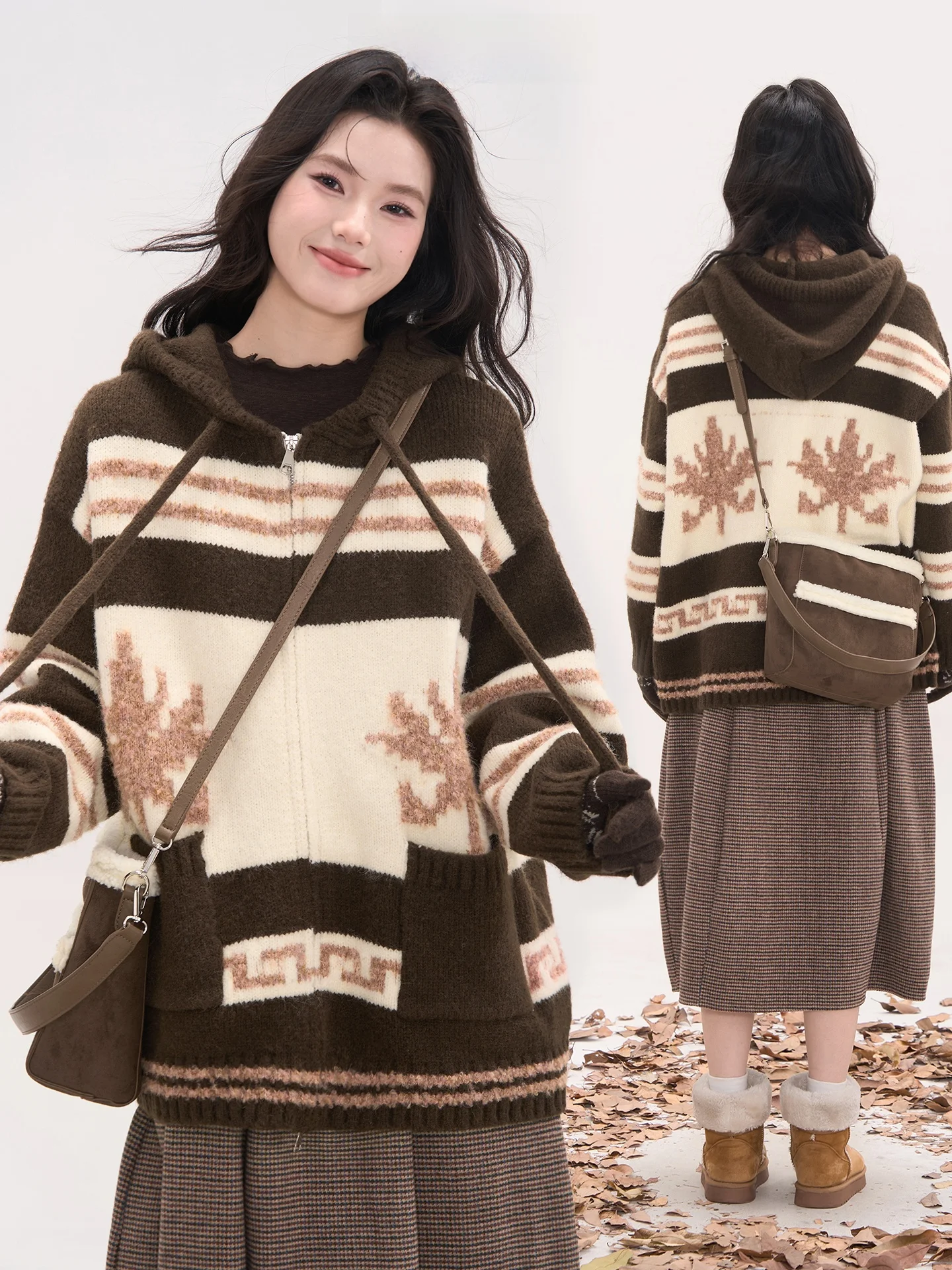 

Heme 8 Woolen Thiened Hooded Open Cardigan Knitted Sweater Jaet for Women Autumn Winter Vintage Sle Loose Fit Long Sve