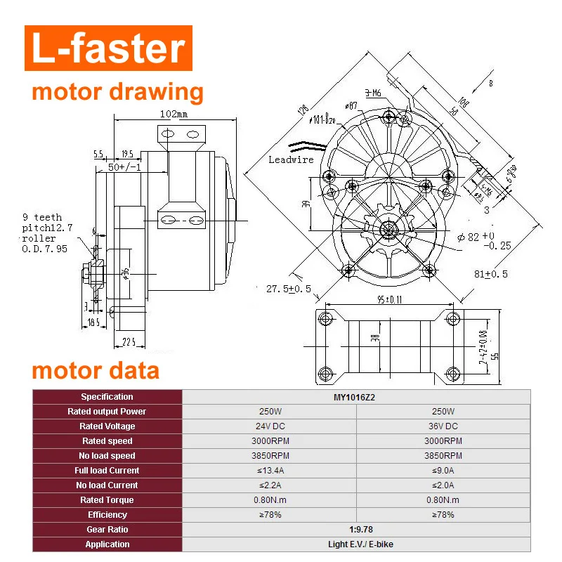 L-Faster-Electric Gear Brush Motor, Freewheel Sprocket, 16T, 24V, 36V, 250W, 9T, Cheap