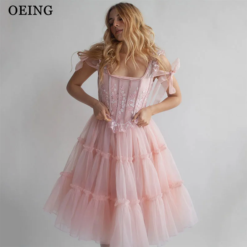 

OEING Pink A-Line Tiered Prom Dresses Sleeveless Party Gowns Cute Bows Tea-Length Soft Tulle Evening Dress Customized