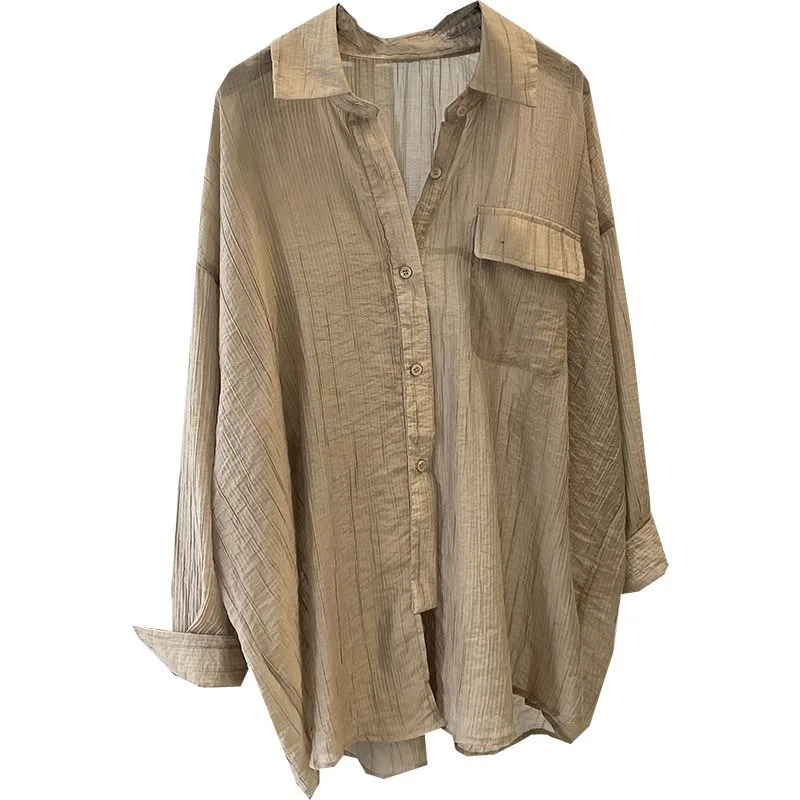 

Autumn Thin Korean Solid Color Shirt Women's Loose Design Lazy Style Long Sleeve Sun Protection Shirt Button Cardigan