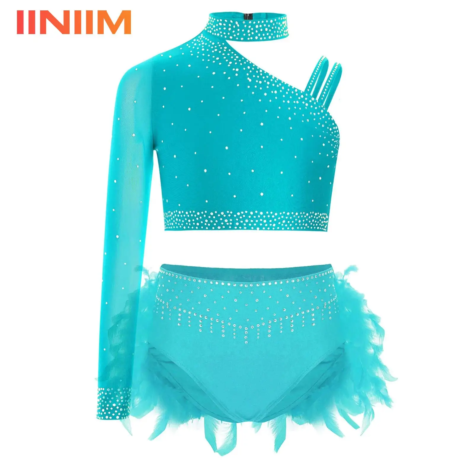 

Детский костюм для балета и джазовых танцев для девочек: топ с блестящими стразами и асимметричным вырезом на плече, укороченный, с брифами с перьями