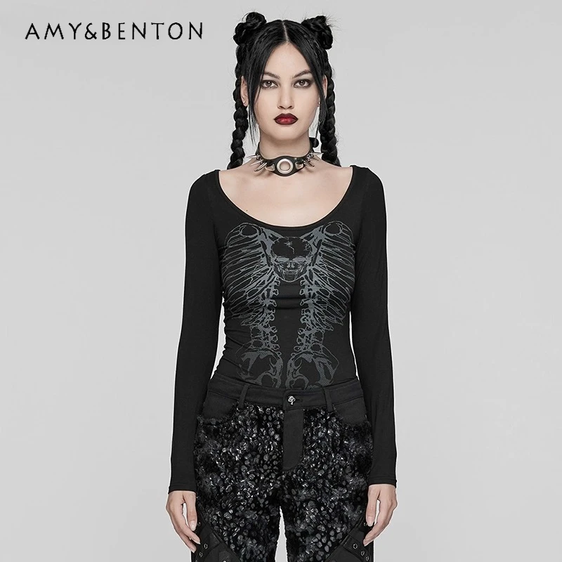 

2025 Autumn New Black Sweet Cool Sexy Round Neck Hollow Out Women's Top Gothic Dark Metal Skeleton Long Sleeve T-Shirt Ladies