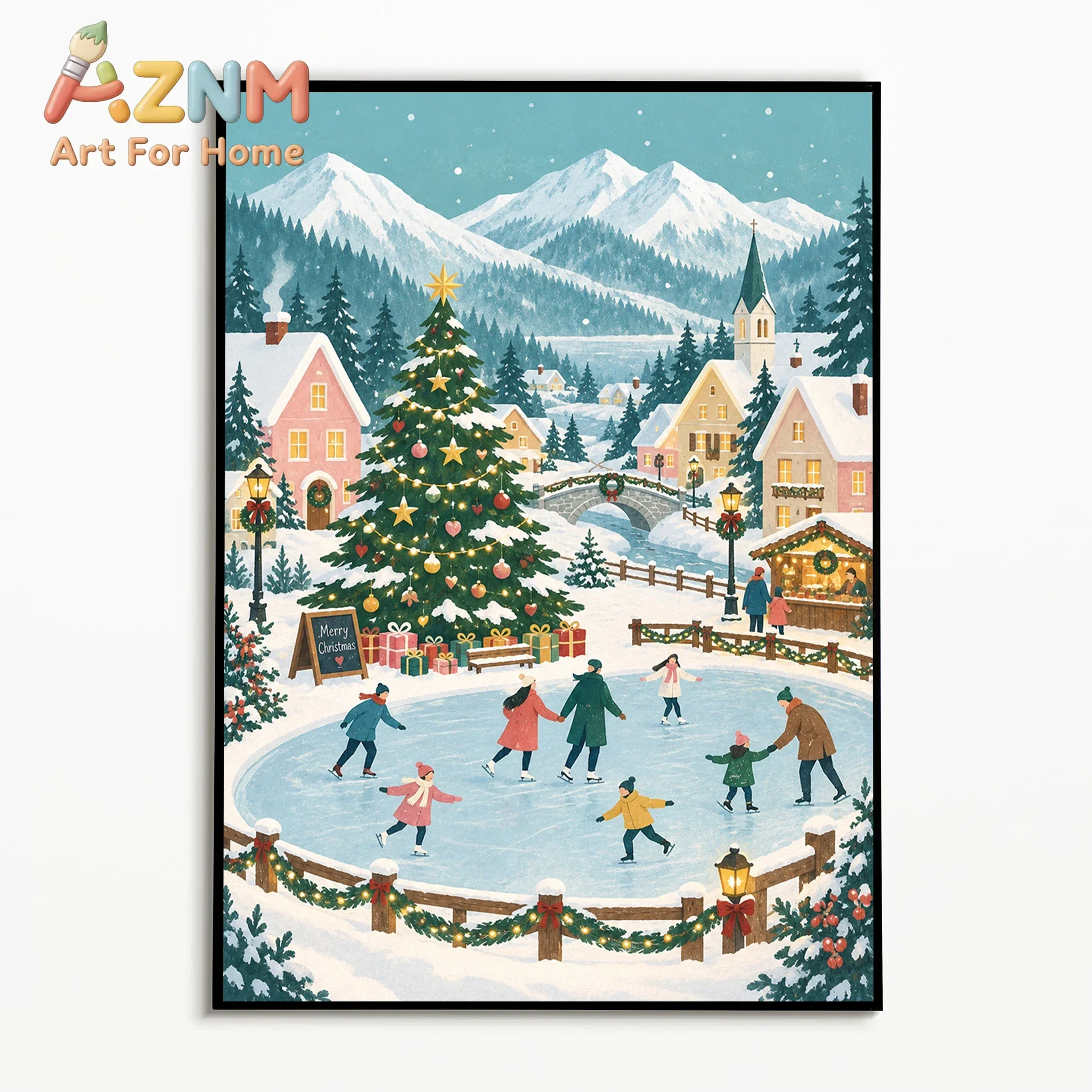 1PC,Vintage Wall Art Christmas Ice Skating Town Posters Winter Canvas Painting Home Decor Room Wall Decor Gallery Wall Prints