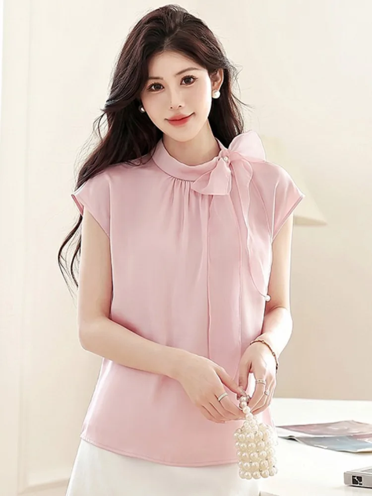 

Silk Short Sleeve Stand Collar Shirt Women's Knot Summer Elegance Flying Sleeve Drapey Commute Top Loose Fit Polyes...