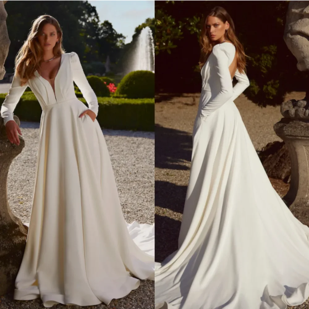 Robes de mariée élégantes en satin à manches longues, robes de mariée de plage A-ligne, col en V, dentelle, patients, quel que soit le balayage, nouvelle robe de mariée éducative