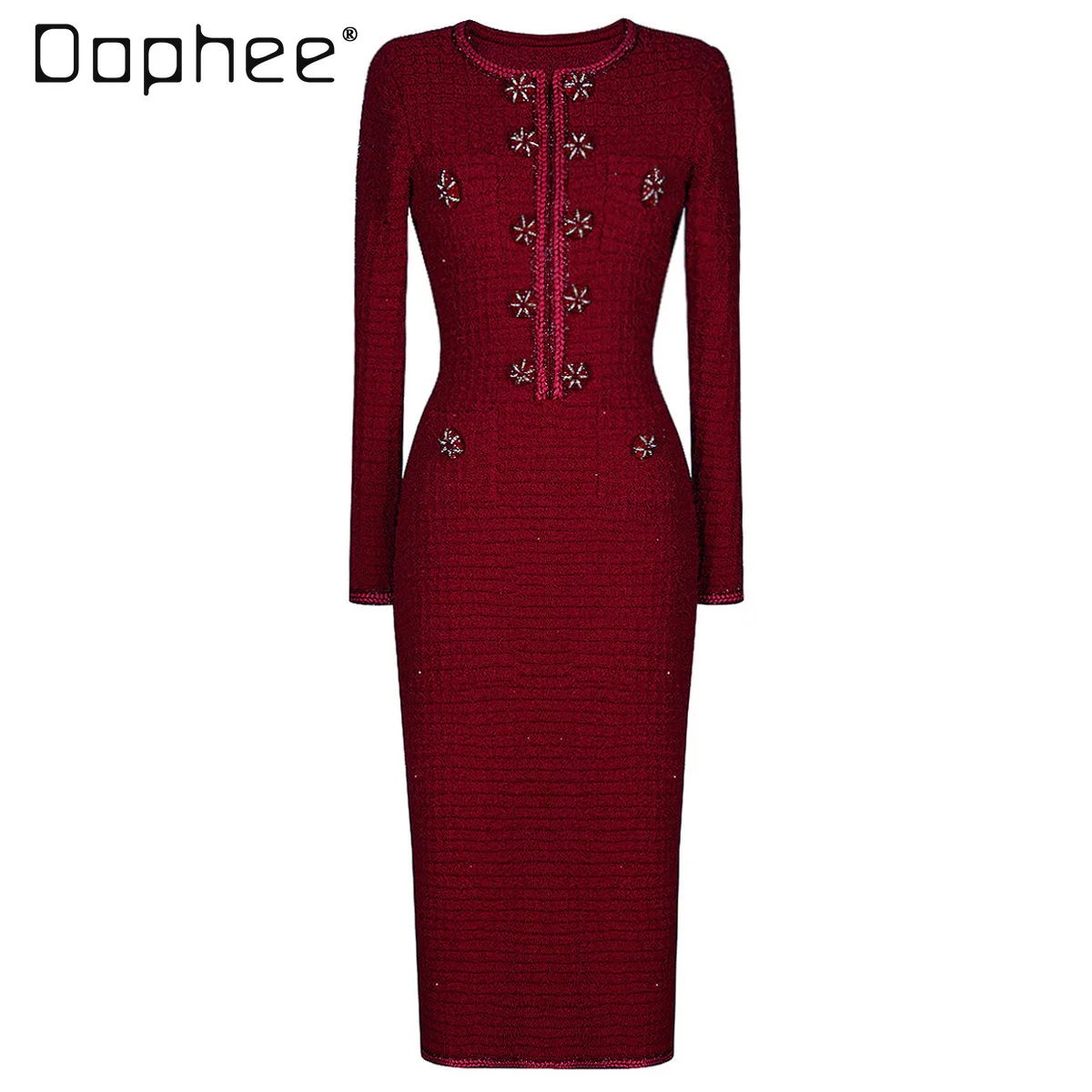 

French Style Fashion Woolen Knit Round Neck Single-breasted Slim Long Sleeve Dress for Women High-end Socialite Evening Dresses