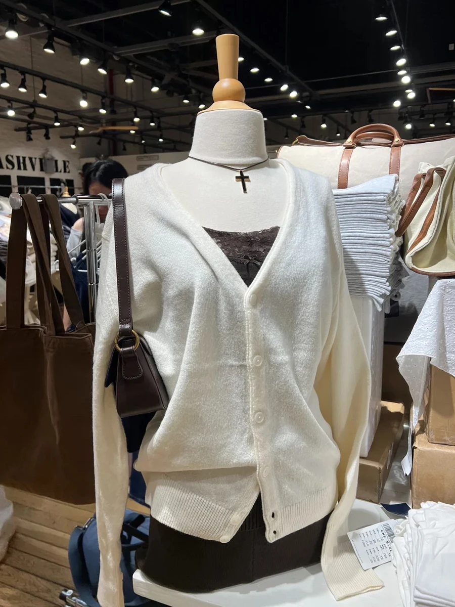 

Однотонный базовый вязаный свитер, кардиган, осенний однобортный хлопковый трикотаж с v-образным вырезом и длинными рукавами, винтажные свободные свитера в стиле Харадзюку