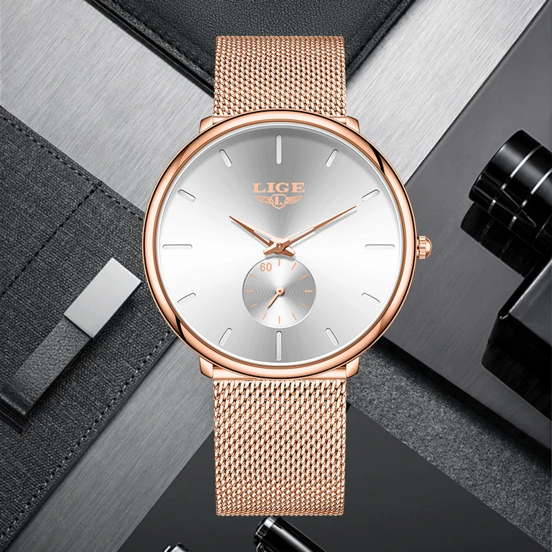 LIGE Classic Luxury Quartz Watch Fashion Ultra Thin Classic Simple Dial Steel Mesh Strap Waterproof Watches for Men Montre Homme