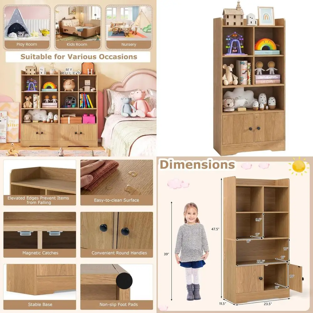 

Многофункциональный шкаф для хранения игрушек высотой 47,5 дюймов с 5 открытыми полками и 2 дверцами, идеально подходит для игровых комнат, детских, спален, гостиных