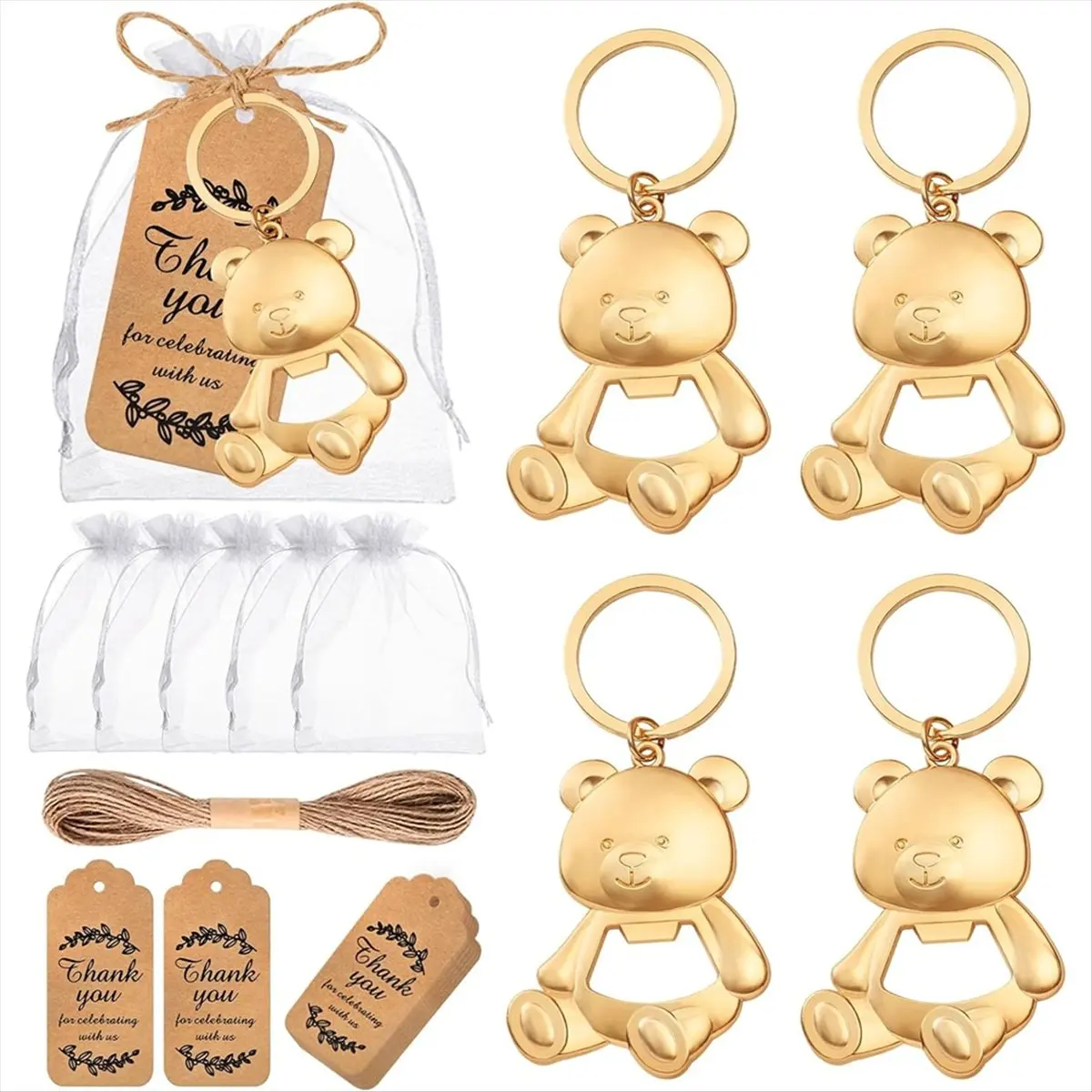 50Pack Bear Bottle Opener Keychain Baby Shower Return Favors for Guests Bear Bottle Opener with Organza Bags Tags