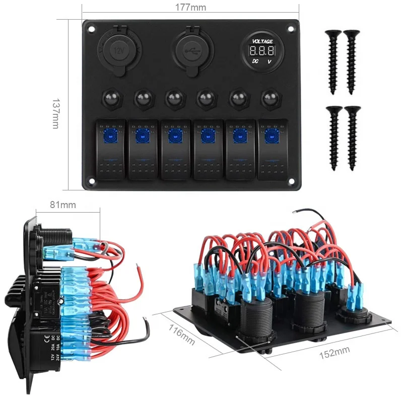 DC 12V/24V Dual USB Ports 6 Gang Rocker Switch Panel Aluminum Panel Digital Voltmeter Car RV Marine Boat Circuit LED Breaker