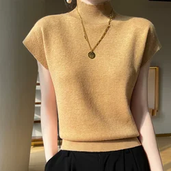 2022Spring New Vest Ladies 100%Wool Half Turtleneck Vest Loose Thin Wild Knit Sweater Sleeveless Top Korean Vest Bottoming Shirt