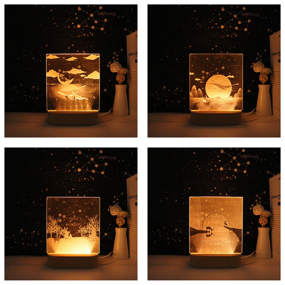 LED Light Display Base Wooden Lighted 3D Night Light Base 5 LED Handmade Resin Art Crystal Light Base for Home Decor Ornament