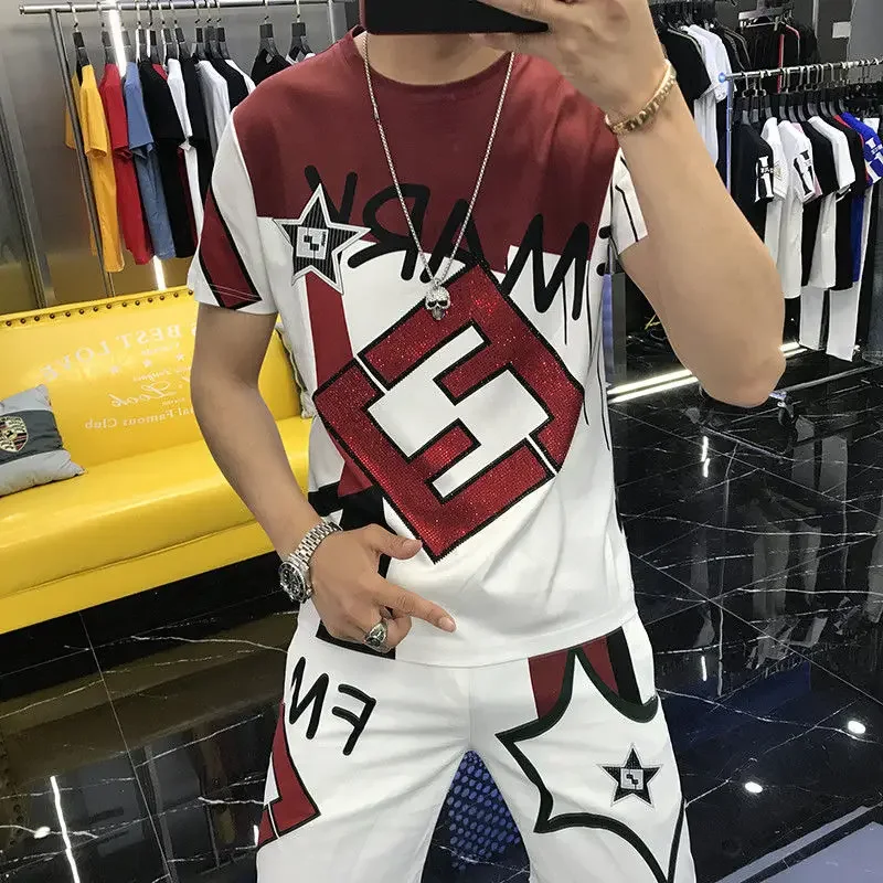 Rhinestone Letters Summer Men\'s Sets, Korean Style Fashion Short Sleeve Shorts 2-Piece Set, Jogging Sportswear, Men Clothes