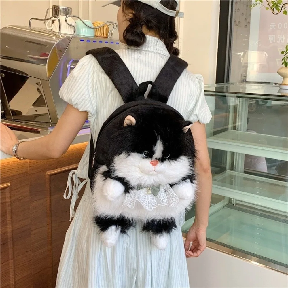 Cute Soft Fluffy Cat Backpack Polyester Lining Large Capacity Rucksack Realistic 3D Shoulder Bag Gift