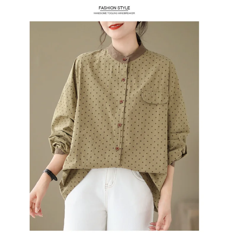 Fashion New Contrasting Color Harajuku Style Loose Pocket Polka Dot Cotton Stand Collar Long Sleeve Shirt for Women