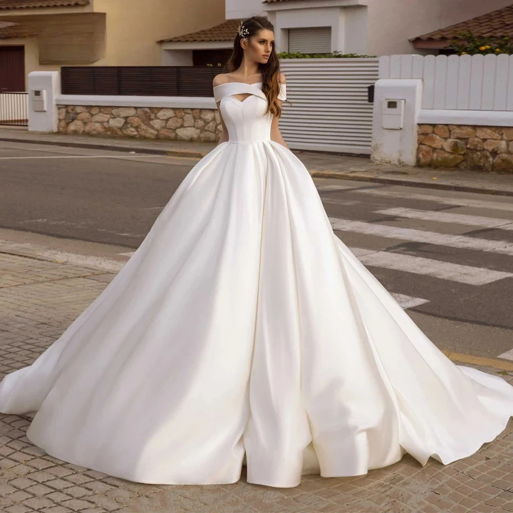 Exquisite Off Shoulder Satin Wedding Dress Elegant Sweetheart Princess Bridal Gown Customized Bride Gowns Vestido De Novia