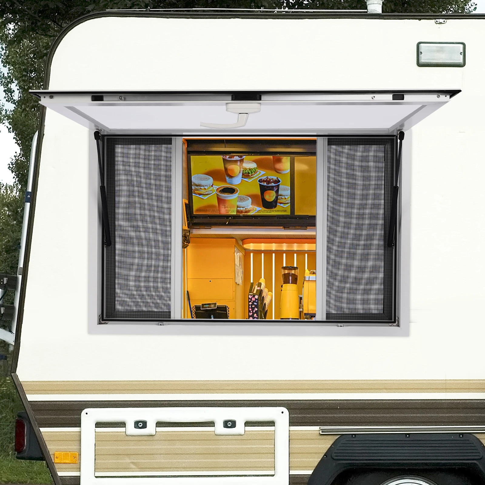 Upgrade Your Food Business!4-Screen Wall Mount Concession Window with Smooth Pneumatic Lift, Ideal for Ice Cream&Hot Dog Stands