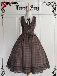 Elegant Vintage Lolita JSK Dress Lace Stitching Sleeveless V-neck High Waist Belt Slim Fit A-line Plaid Vest Long Dress Women