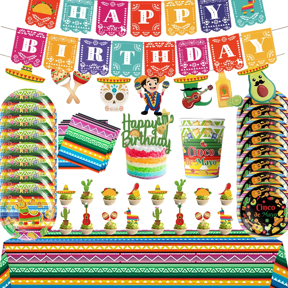 Cinco De Mayo Mexican Carnival Party Decoration Background Cake Topper Paper Scrap Balloon Tablecloth Carnival Supplies Banner