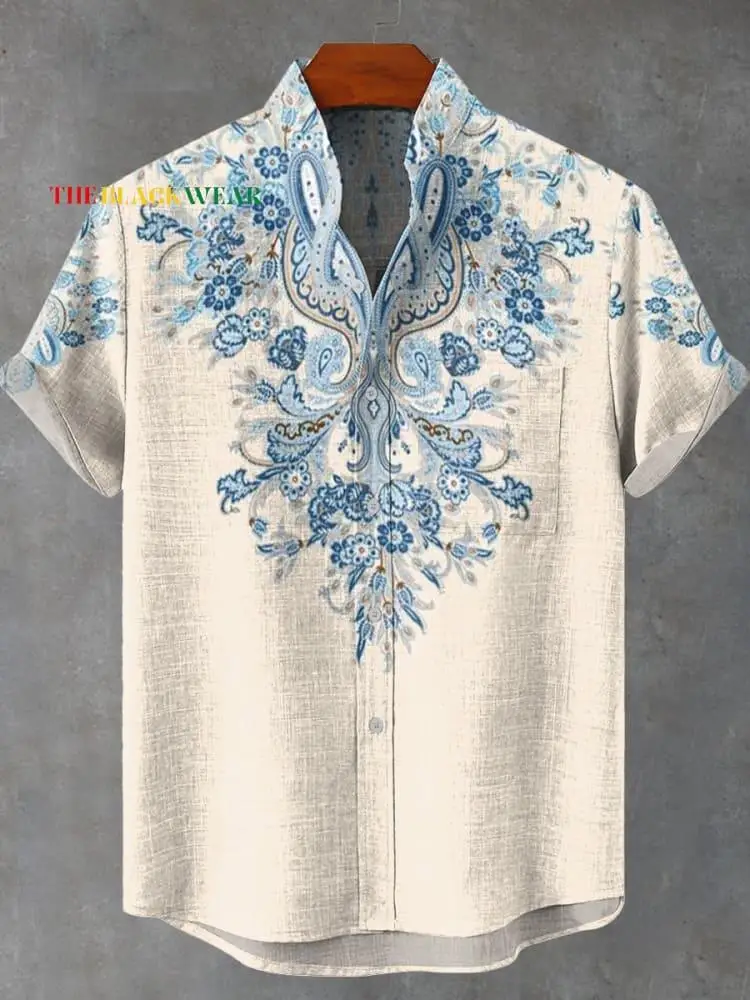 Moslim Kleding Heren 레트로 아프리카 부족 토템 패턴 인쇄 리넨 편안한 패브릭 반팔 셔츠 스트리트 트렌드