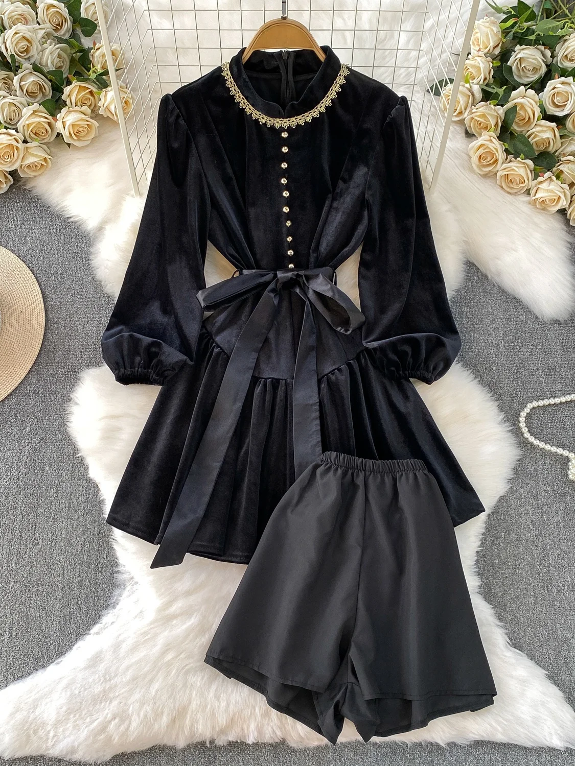 

Ele кружевная вышивка воротник-стойка бархатная ort Dr женская осенне-зимняя утягивающая юбка с подолом и леггинсами