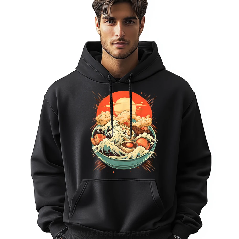 

Great Ramen Wave Vintage Graphic Pullover Hoodies Polyester Fiber Couples Men's Hoodie Alphabet