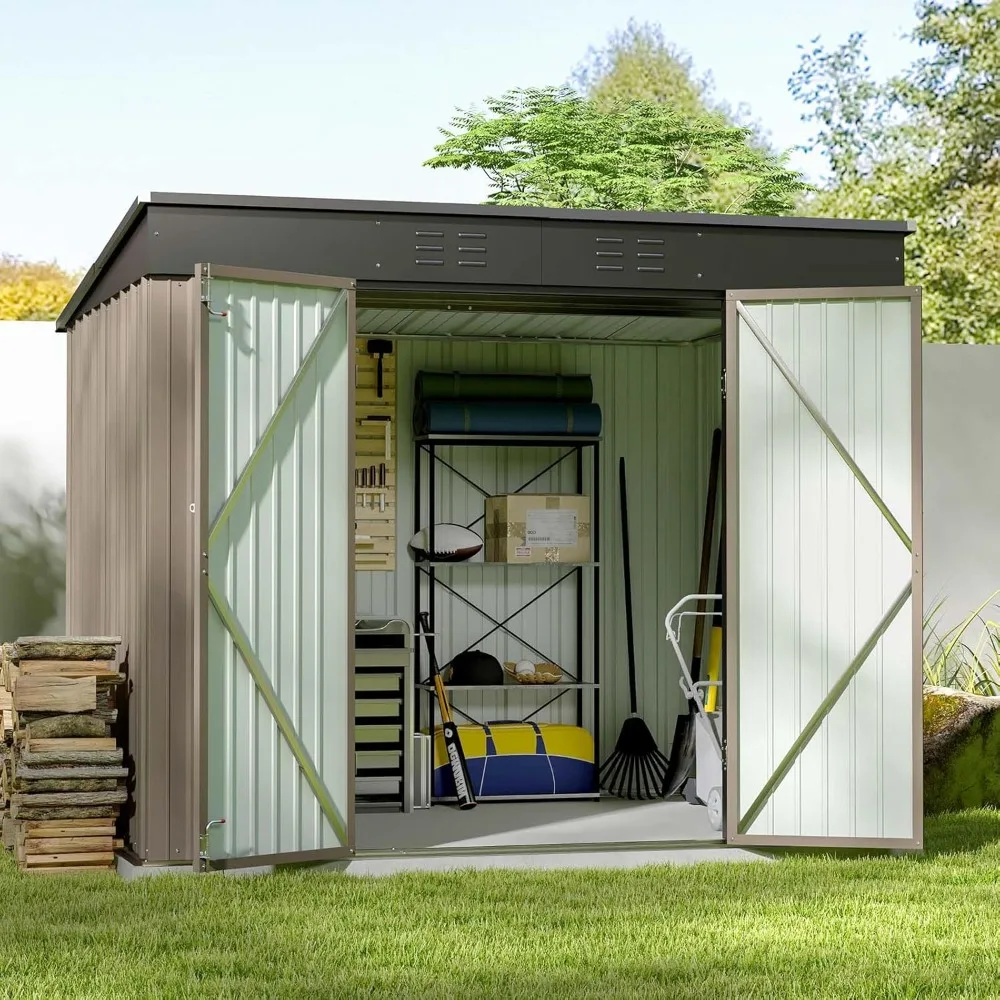 Armazenamento ao ar livre Metal Shed com Ventilação e Bloqueio, Impermeável e Resistente UV, Cor Marrom, 8x6 Polegadas