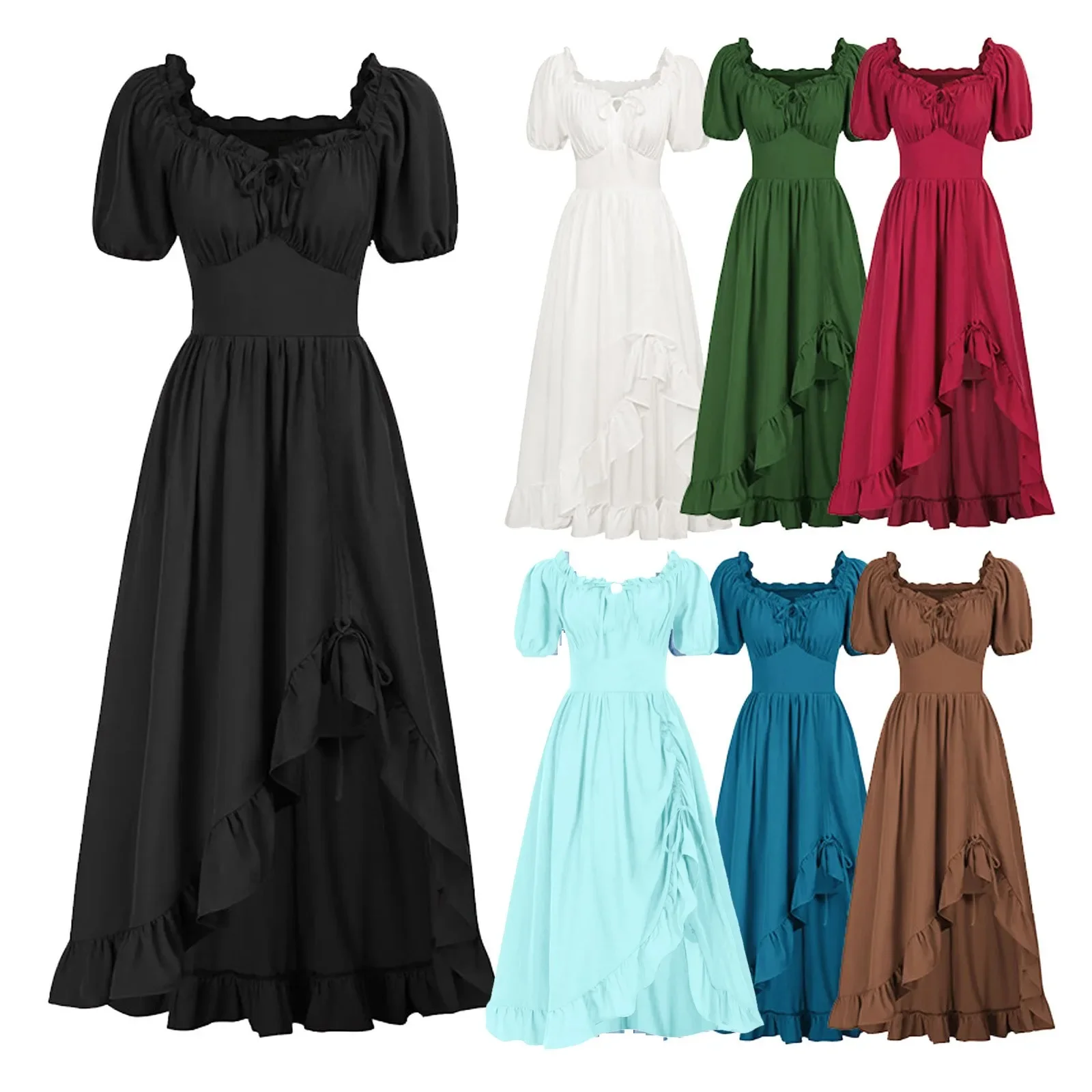 

Women Casual Dress Vintage Renaissance Defined Waist Dress Irregular Ruffled Hem Short Sleeve Square Neck A-Line Dress